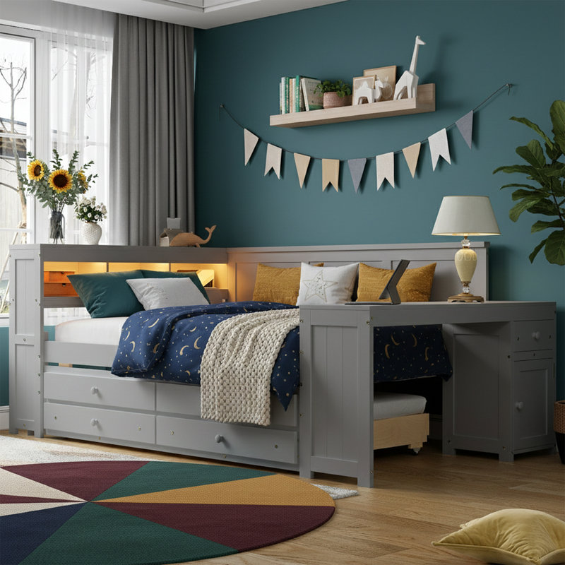 Lit de jour double avec bureau intégré et station de charge - Canapé-lit de rangement long de 103 po - Gris, Gris