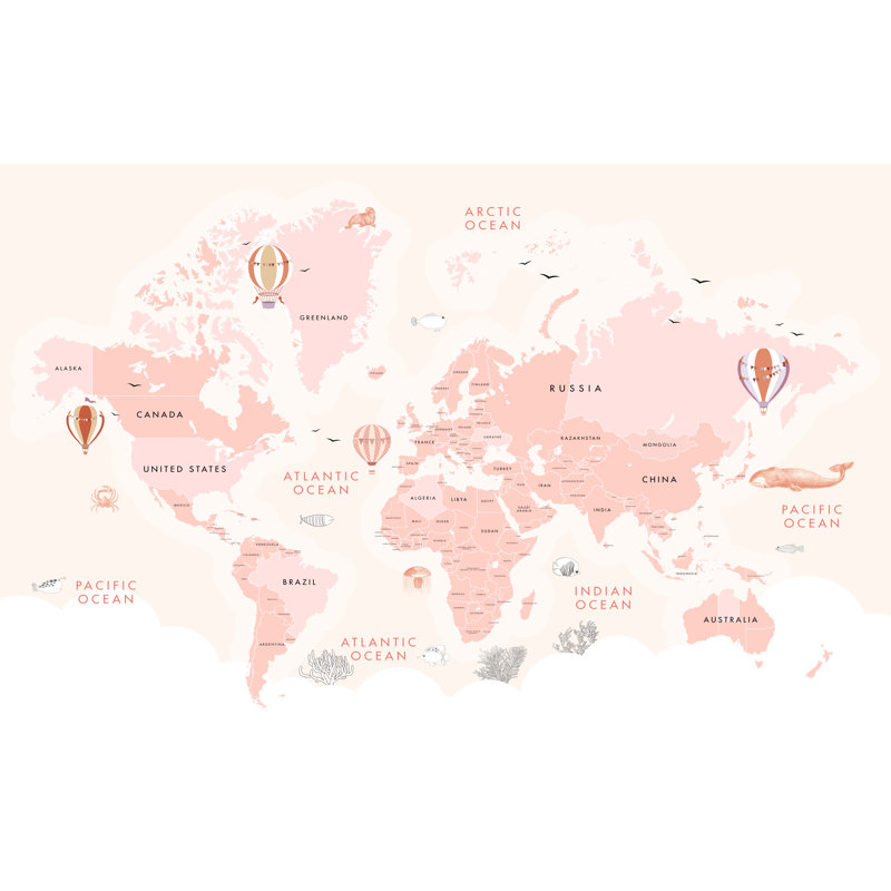 Papier peint amovible avec fond de carte du monde rose, L 105,96 po x l 187 po