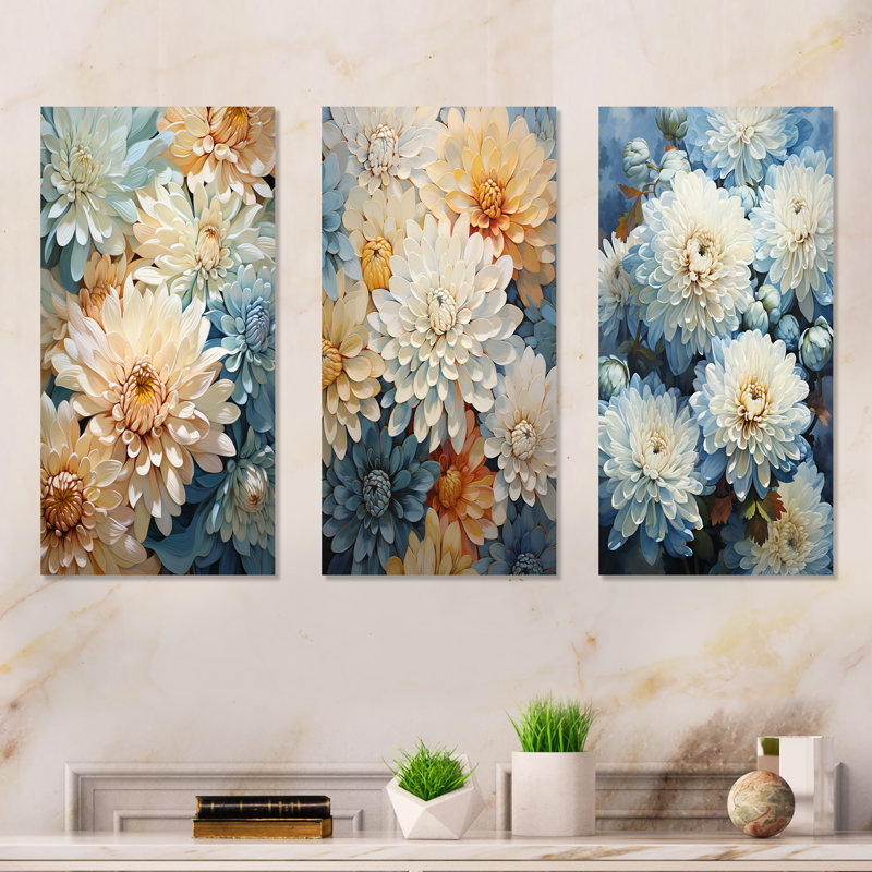 Ensemble de 3 décorations murales bleues et blanches «Mums Flowers Elegance», H 28 po x l 36 po, Toile tendue
