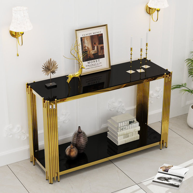 47.2" 2-Tier Glass Top Console Table, Black