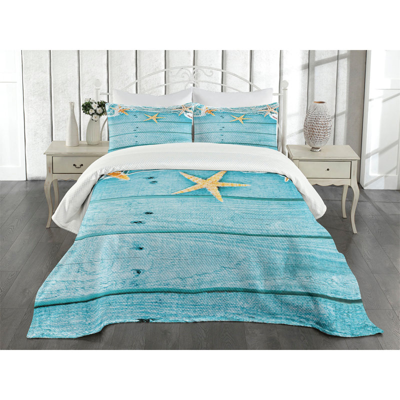 Ambesonne Starfish Bedspread Set Rustic Fish Net Turquoise White Orange