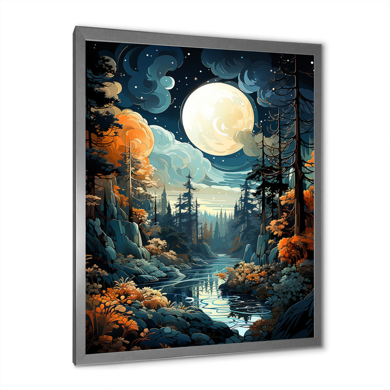 «Moonlight River Retreat Into The Forest IV», art mural forêt et rivière, Cadre photo argenté, H 32 po x l 16 po x P 1 po