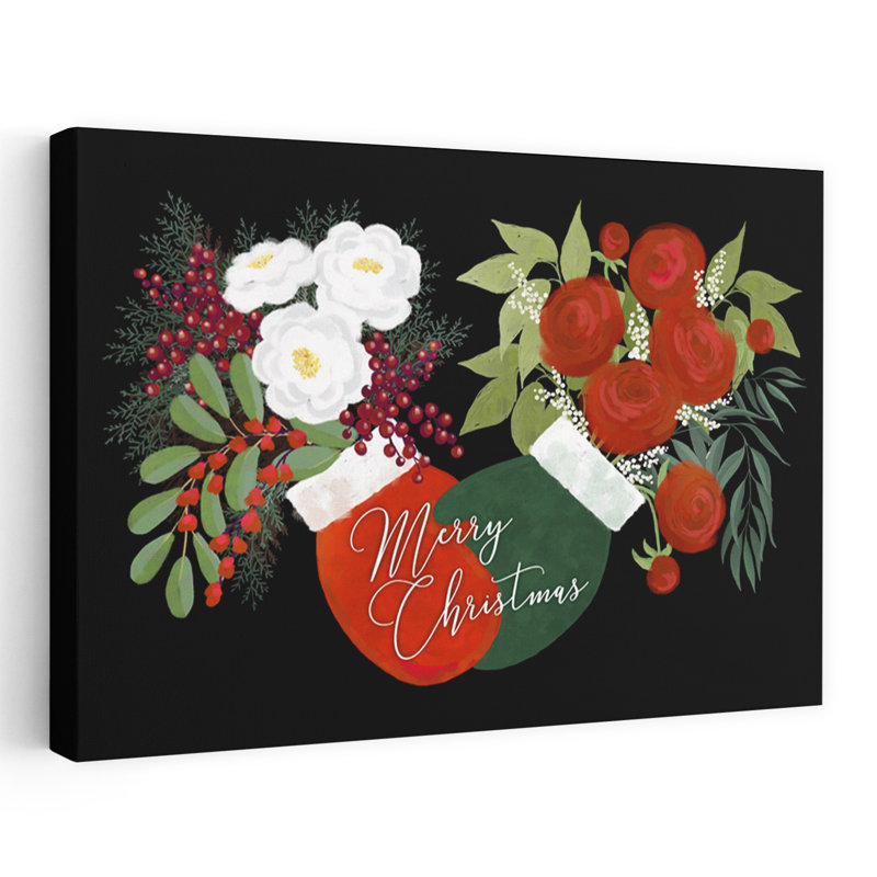 Merry Christmas Floral Abstract Contemporary Winter Flower Wall Art Print 1 Piece Wrapped Canvas Wall Art