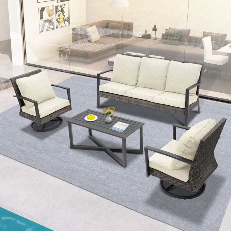 Patio Swivel Dining Chairs Set With Cushions, Beige