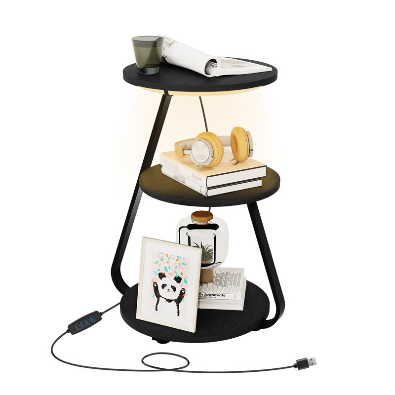 Modern 3-Tier Round Bedside Table with Adjustable LED Lighting, Small Accent Storage Table for Sofa Side & Lounge, Black