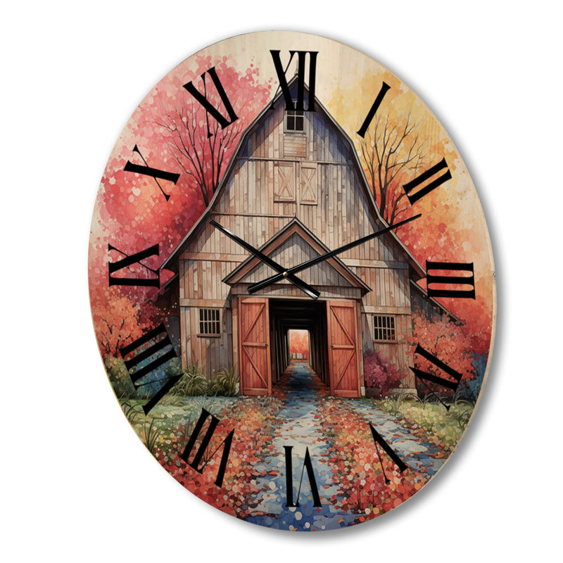 Horloge murale en bois Barn Symmetry Pointillism I - Campagne, Grand