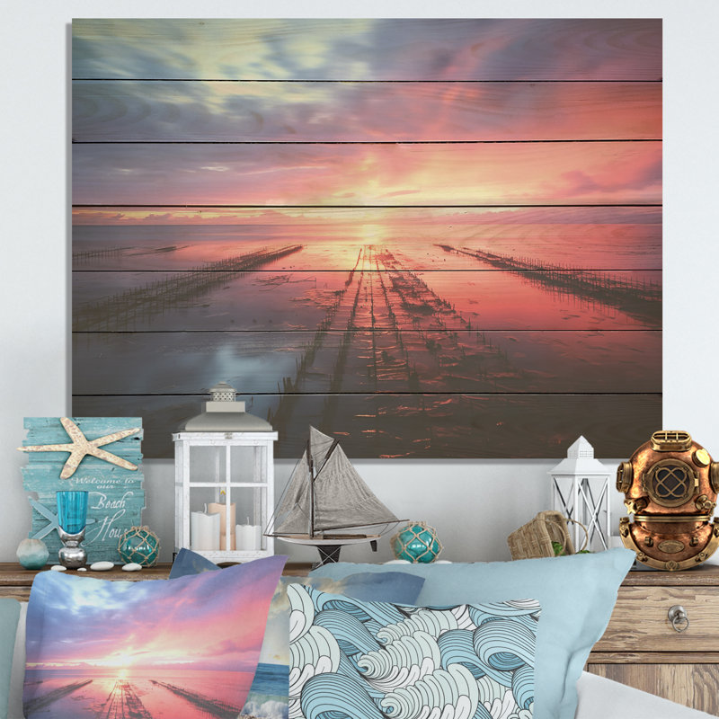 Jetée rose et bleue Horizon Sunset I - jetée côtière sur bois, H 34 po x l 44 po
