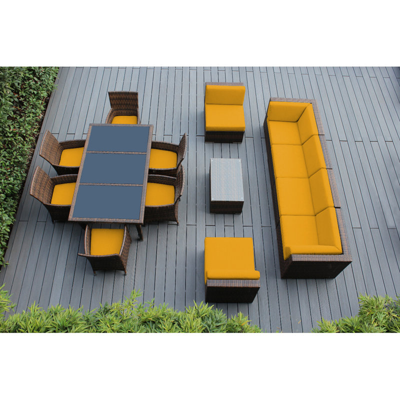Pavior 12 - Person Patio Conversation Set with Cushions, Mixed Brown, Canvas Sunflower Yellow Sunbrella® Canvas