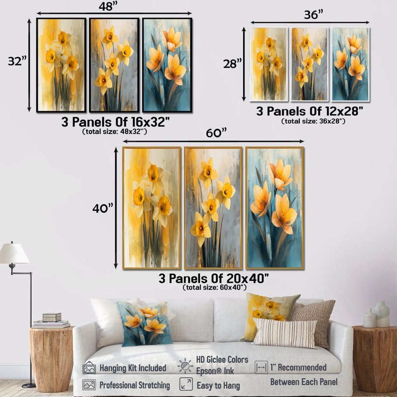 Silencieux jonquille minimaliste fleurs I - Collection d'art mural jonquilles, H 28 po x l 36 po, Toile tendue