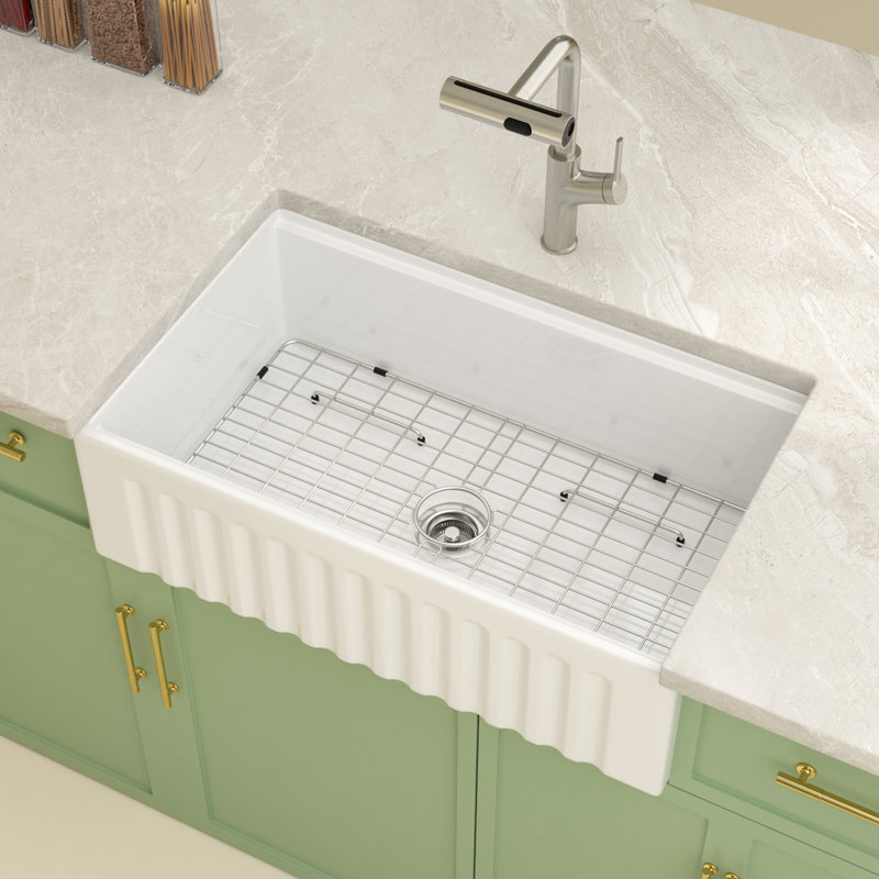33'' L x 20'' W Ceramic Apron-front Workstation Single Bowl Kitchen Sink with Sink Grid, Strainer, Cutting Board, Colander and Roll-up Rack
