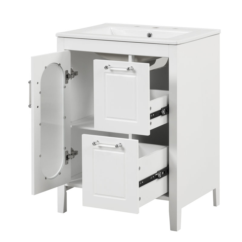 Meuble-lavabo 24 po avec lavabo - armoire avec 2 tiroirs, porte, tablette réglable, bois massif et panneau de fibres à densité moyenne