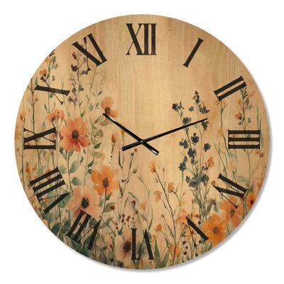 Horloge murale ronde « Brise des prairies fleuries » – Style cottage, imprimé sur bois