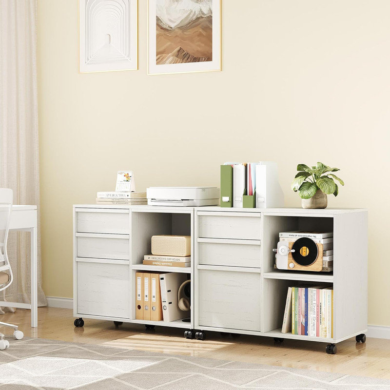 Classeur mobile à 3 tiroirs avec tablettes ouvertes, White