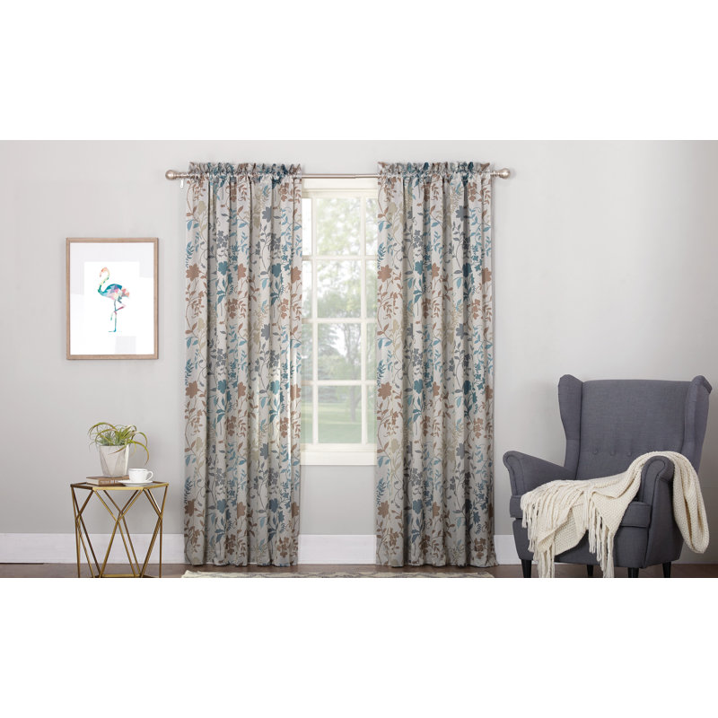Auburn Floral Print Room Darkening Rod Pocket Curtain Panel, Stone, 54"W x 84"L