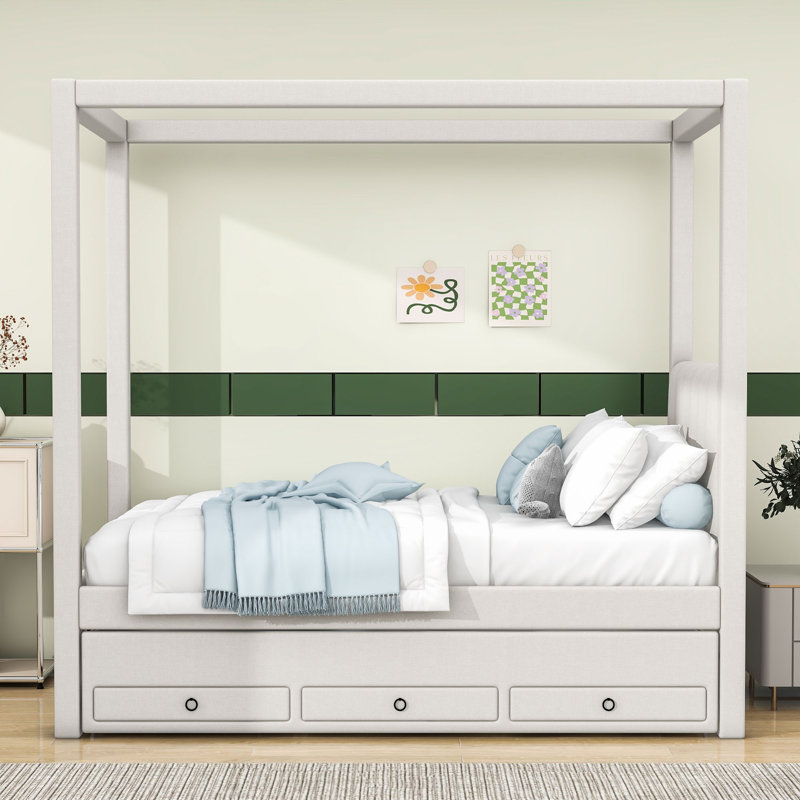 Lit plateforme à baldaquin en bois avec tiroirs et lit gigogne simple, Beige, Simple