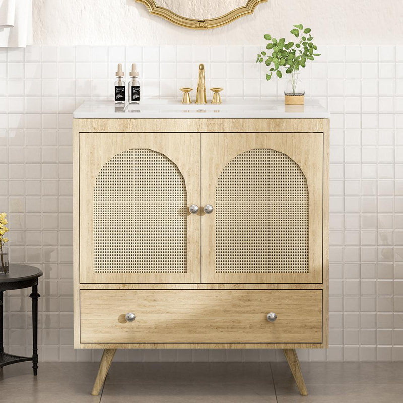 Meuble-lavabo simple 30 po avec comptoir en céramique, Chêne
