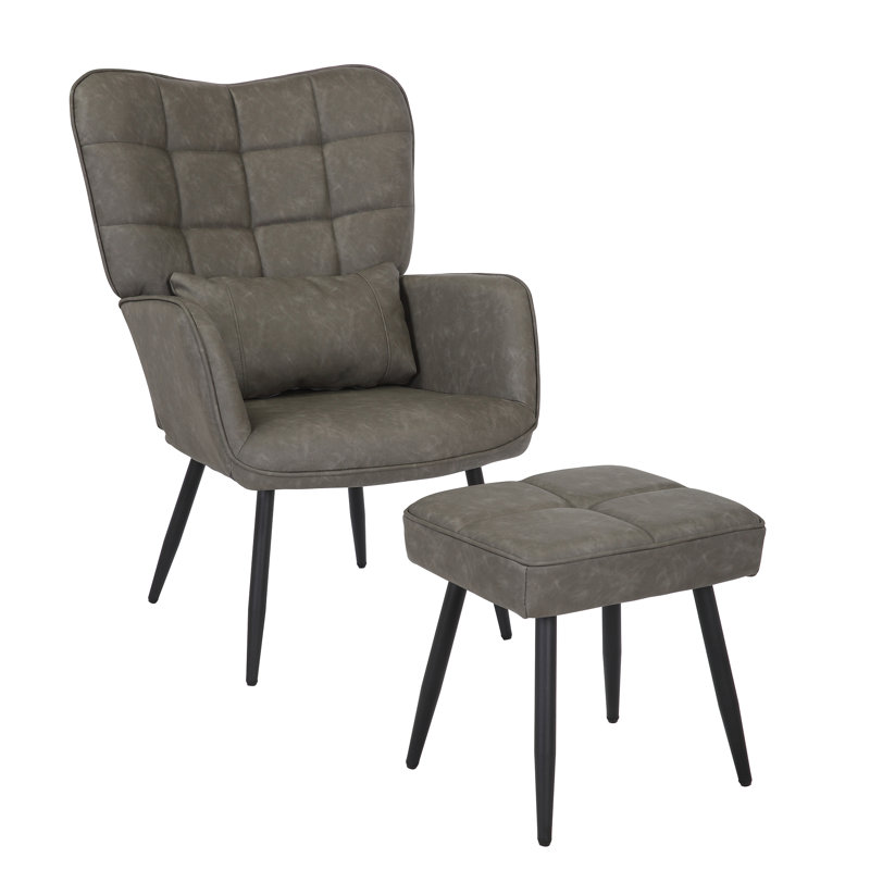 Chaise avec accoudoirs larges 28 po avec tabouret Lakara, Similicuir gris