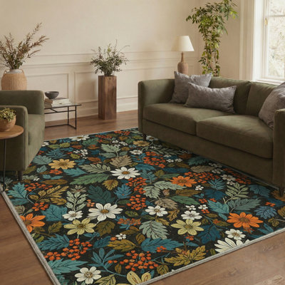 Ammons Edenwood Floral Machine Washable Black / White / Green Indoor Area Rug with Non-Slip Backing