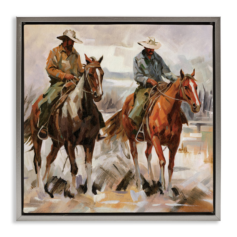  "Brush Stroke Cowboys", art mural sur toile flottante par échelle blanche, H 18 po x l 18 po, Cadre flottant gris lustré