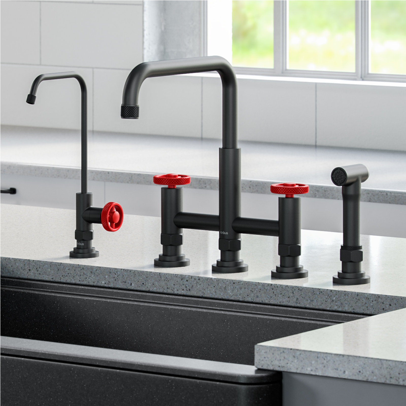 KRAUS Urbix Industrial Bridge Kitchen Faucet and Water Filter Faucet Combo, Matte Black/Red