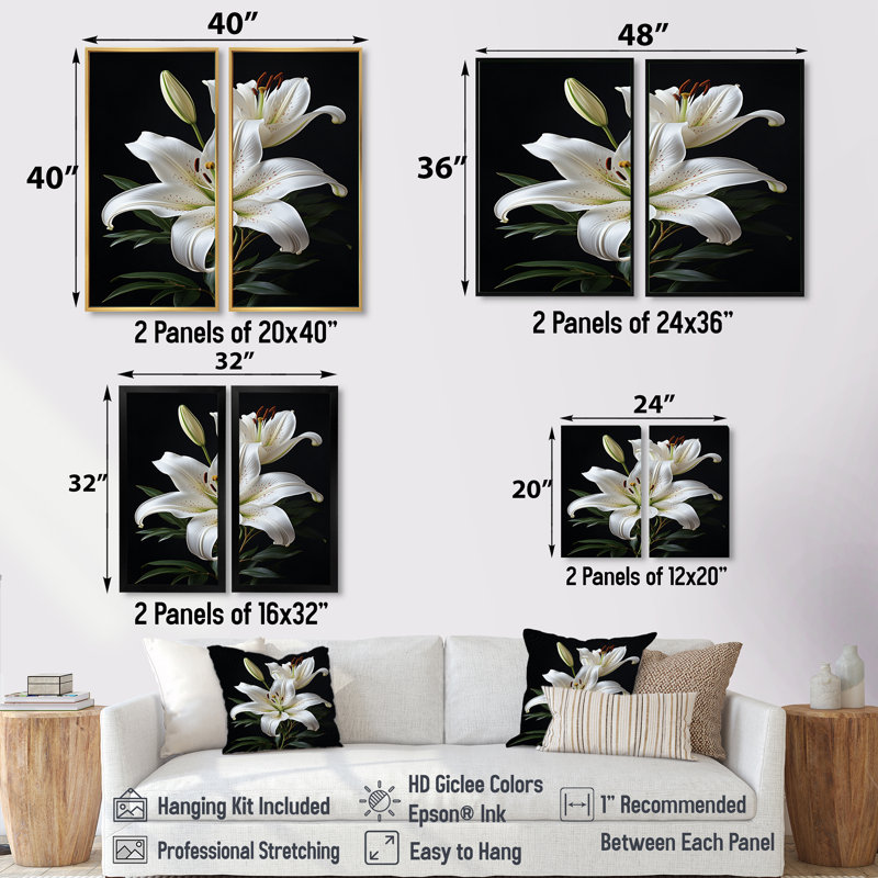Lys noir et blanc exquis - impressions sur toile de lys, ensemble d'art mural floral noir de 2, H 36 po x l 48 po, Noir