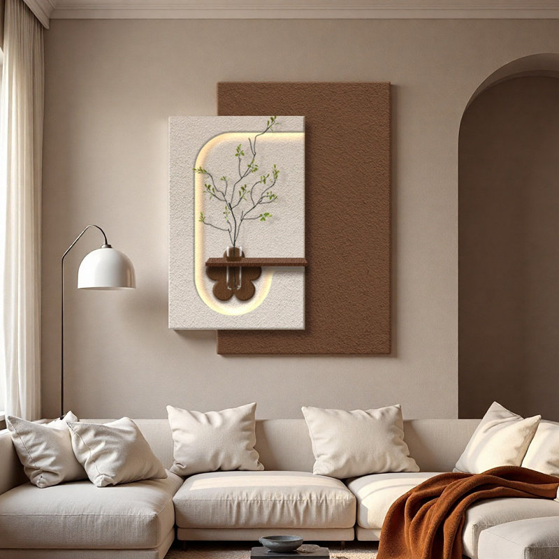 Art mural en grès crème avec vase hydroponique - Décoration de salon, Brun foncé / vert / blanc