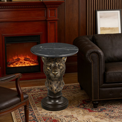 Leopard Head End Table With Lifelike Texture And Faux Marble Top, Perfect For Bold And Stylish Decor