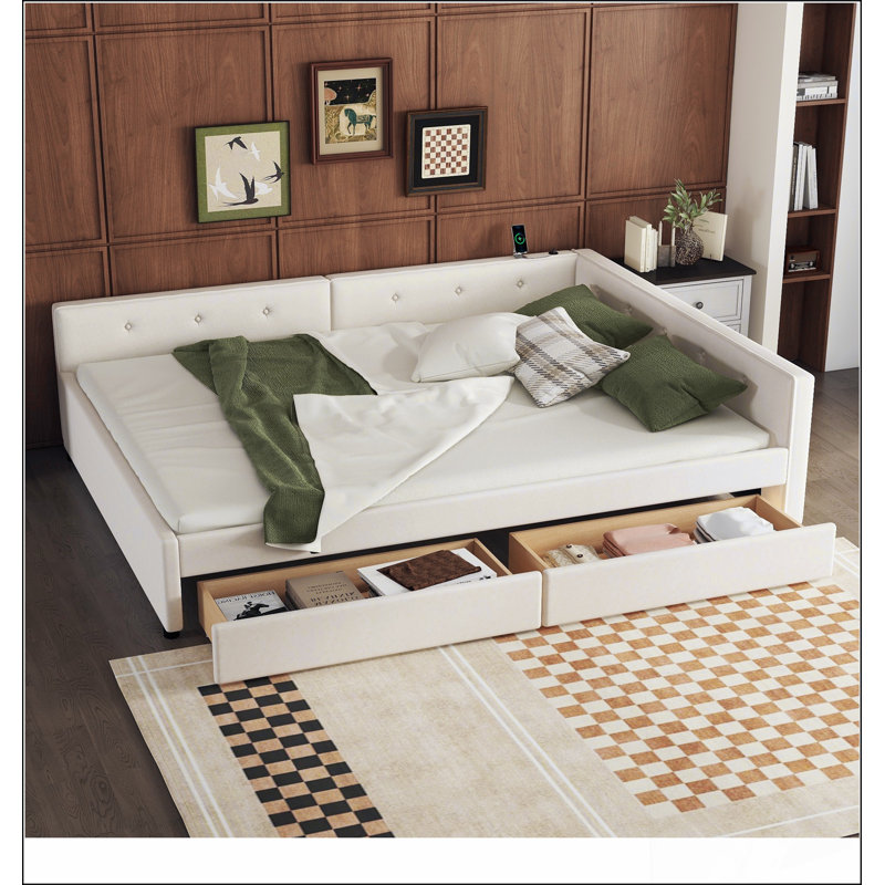 Grand lit plateforme tapissier avec USB et 2 tiroirs, beige