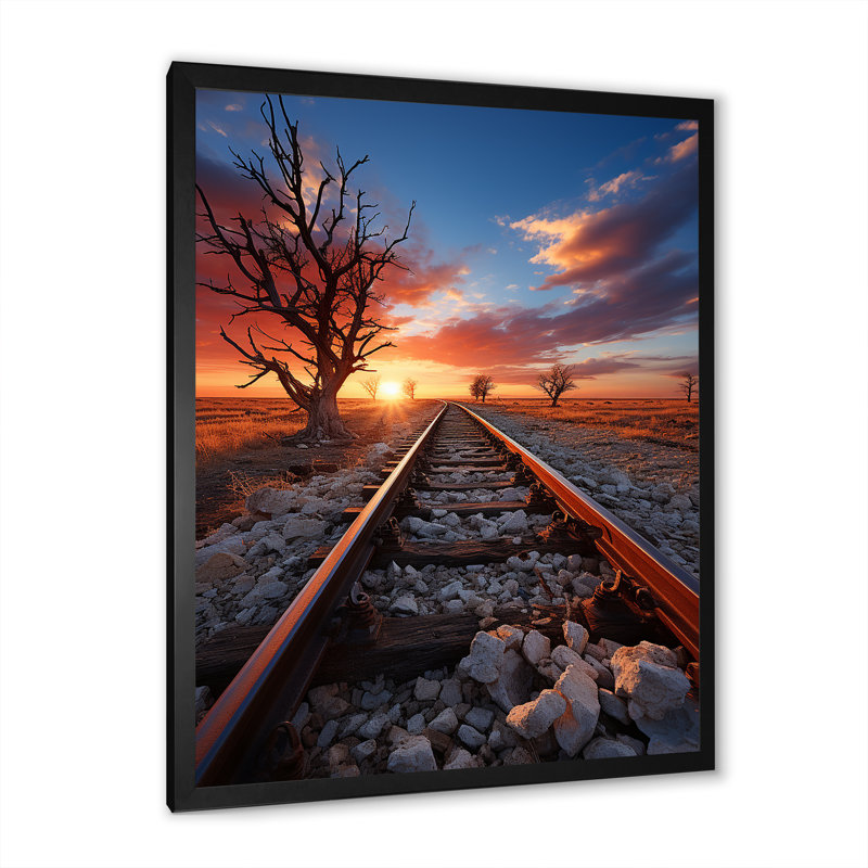 Chemin de fer au coucher du soleil, impression sur toile, Cadre simple noir, H 44 po x l 34 po x P 1,5 po
