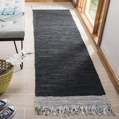 Stadler Hand Woven Leather/Cotton Solid Color Rug in Light Gray/Black