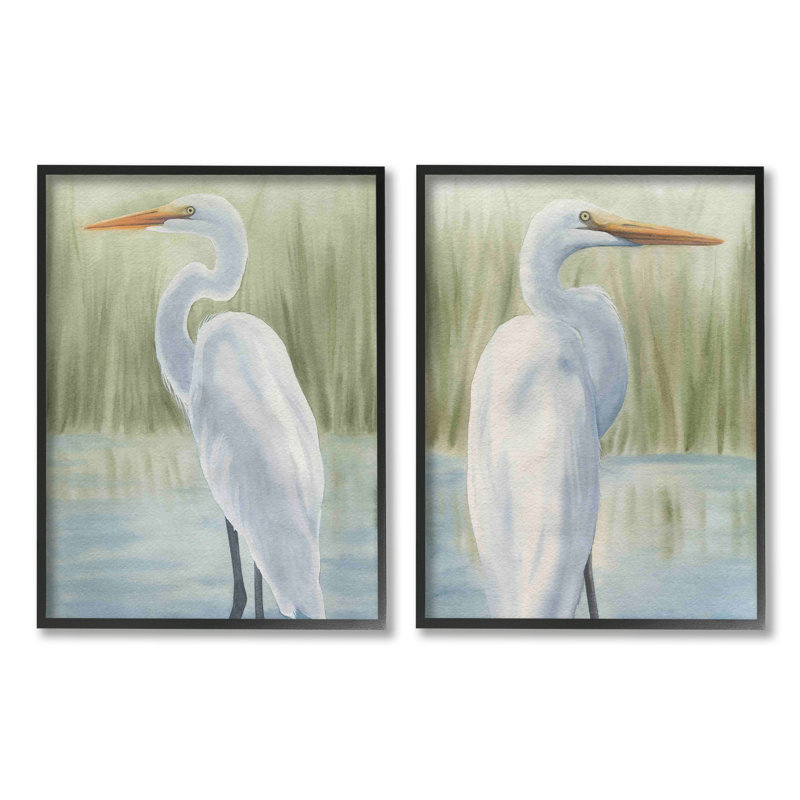 «Stupell Industries Egrets in Marshland», ensemble de 2 toiles murales par Grace Popp, Giclée encadrée noir minuit
