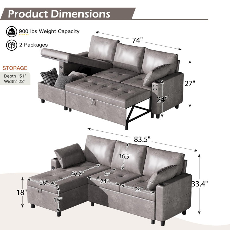 Canapé-lit convertible 83,5 po avec lit escamotable, Cuir gris