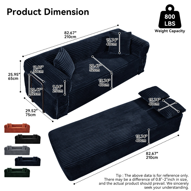 82-Inch Cloud-Sensing Loveseat, Living Room Frameless Sofa, Modern Three-Seater Sofa with Throw Pillows, Corduroy Compressed Sofa with Memory Foam And Independent Pocket Spring Seat (Boxed), No Assembly Required for Bedroom And Dormitory Sofa