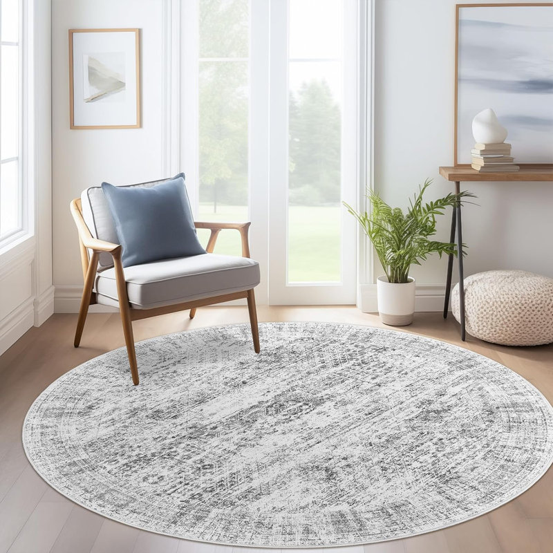 Tapis lavable rétro antidérapant (gris), Rond 9 pi