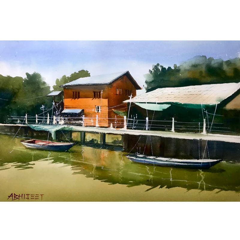 Bateaux sur la côte du lac vert | Aquarelle sur papier | Par Abhijeet Bahadure