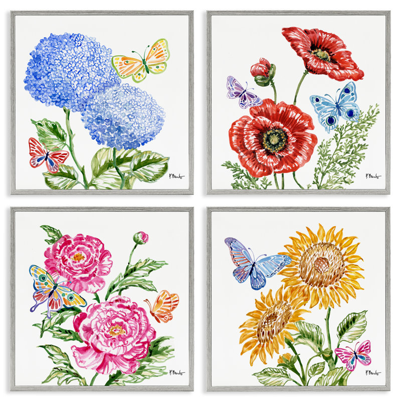 Ensemble de 4 giclées encadrées "Brushstroke Florals & Butterflies", design par Paul Brent, H 12 po x l 48 po