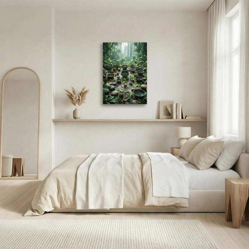 Art mural sur toile bronze avec bols et pierres dans la jungle urbaine, 36"H x 24"W