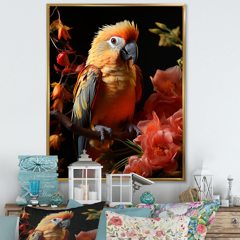 Perroquets, sérénade tropicale sur toile, Cadre flottant doré, H 20 po x l 12 po x P 1 po
