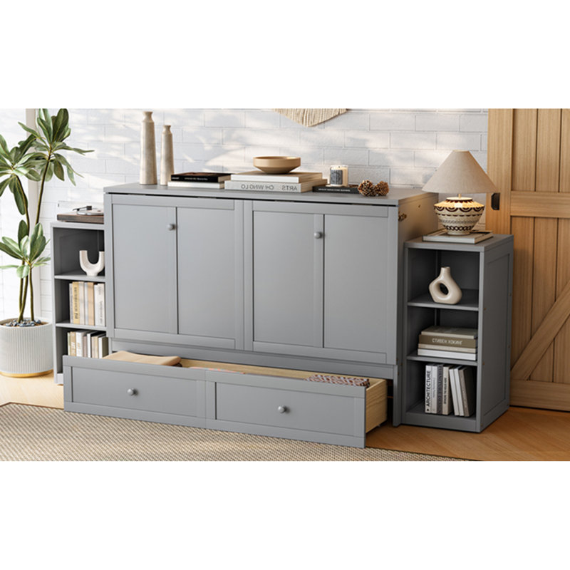 Grand lit escamotable moderne en bois gris clair avec rangement spacieux pour les chambres compactes
