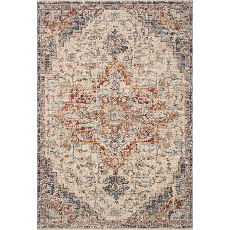 Sorrento Oriental Machine Made Power Loom Polyester Area Rug in Ivory/Fiesta, Rectangle 5'3" x 7'6"