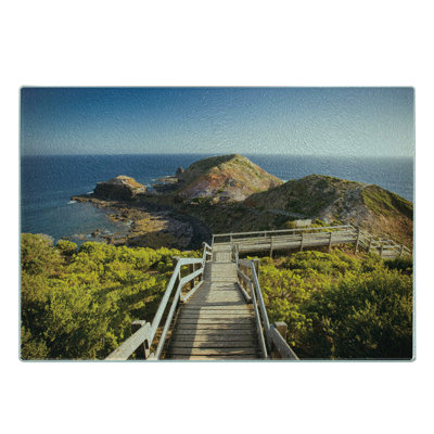 Ambesonne Australia Tempered Glass Cutting Board Rocks Bridge and the Sea Tan Green Blue