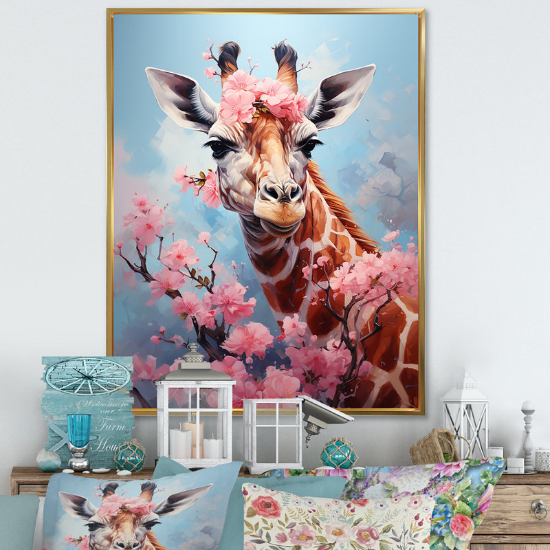 Adorable portrait de girafe rose sur toile, Cadre flottant doré, H 44 po x l 34 po x P 1,5 po