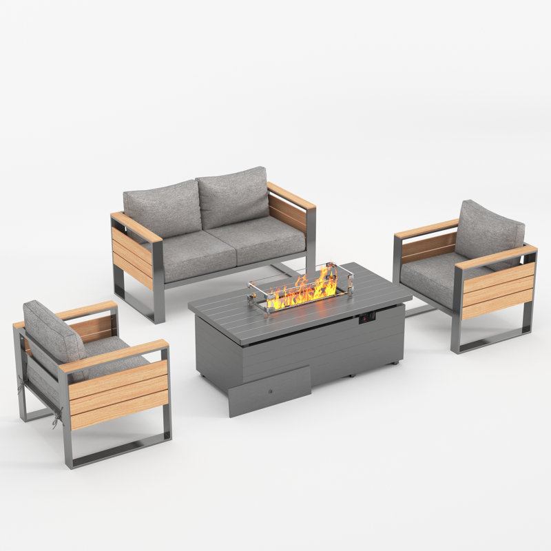 Ensemble de mobilier d'extérieur en aluminium avec foyer 52 po, Gris
