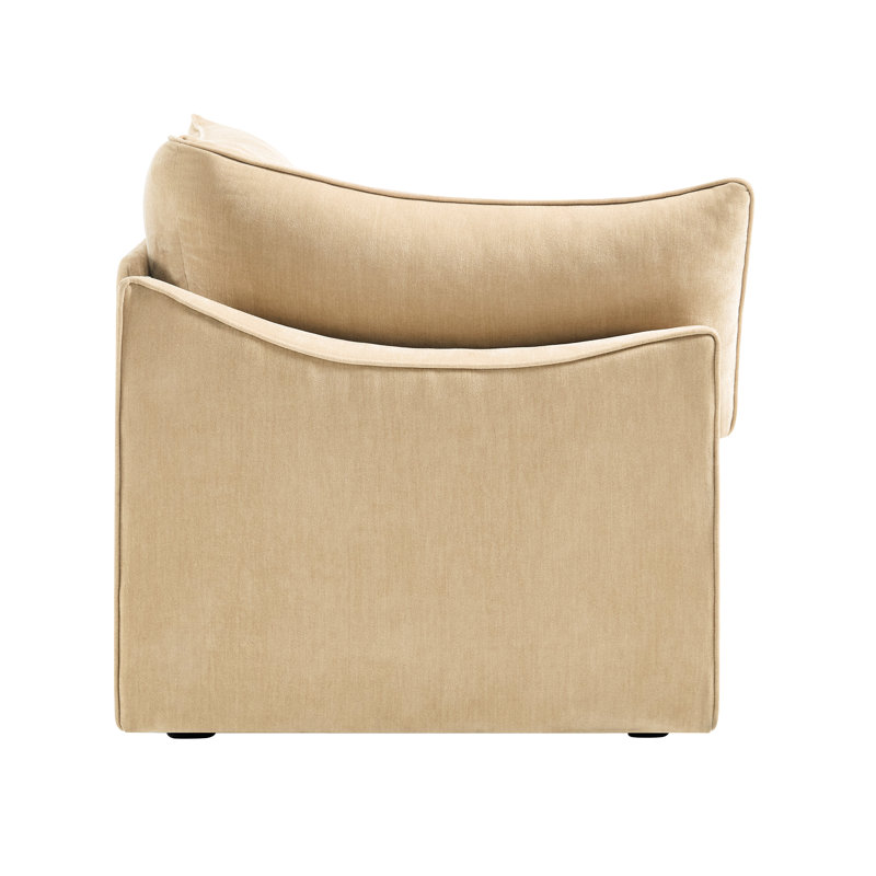 Velours de chenille blé 1, conception structurelle unique, coussins d'accoudoir, rangement pour siège, idéal pour les maisons contemporaines, structure en forme de croissant, bords passepoilés et coussins, repose-pieds décoratif