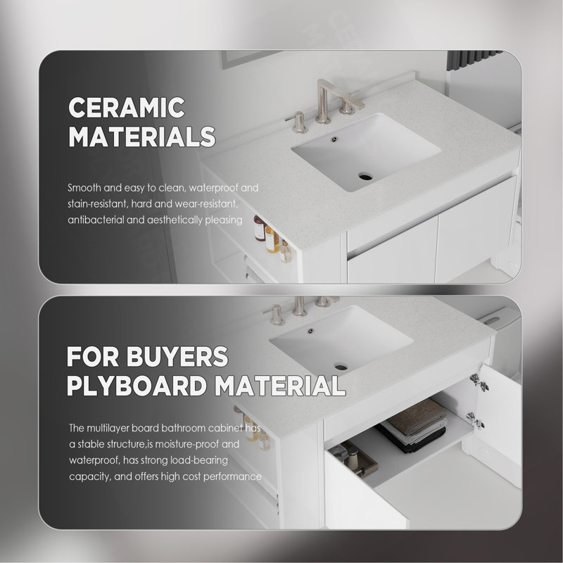 Meuble-lavabo flottant 36 po avec lavabo, porte à fermeture douce, comptoir en granite blanc 0,6 po et dosseret, contreplaqué