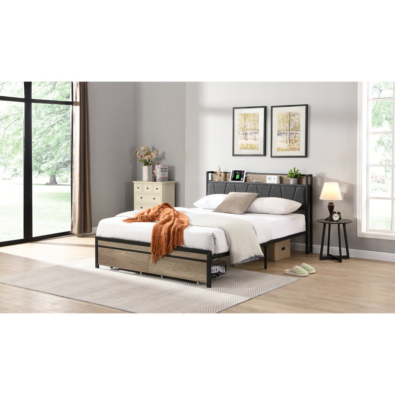 Grand lit plateforme en métal avec rangement et conception silencieuse - aucun sommier nécessaire, assemblage facile, hauteur de 39,56 po, profondeur de 86,2 po, plateforme de tête de lit avec revêtement noir et gris