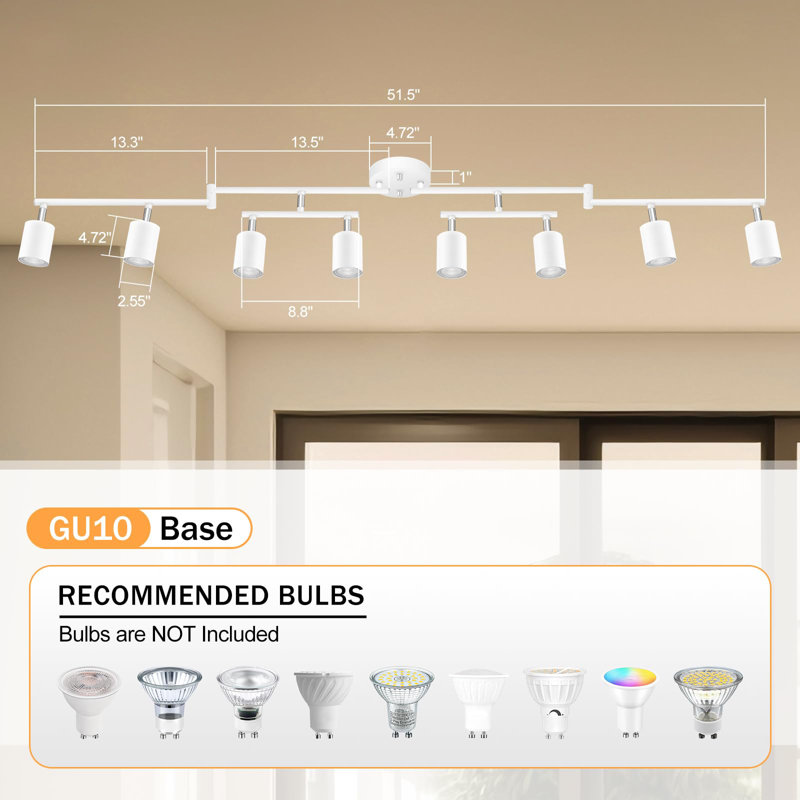 8-Light Adjustable Arms and Heads White Track Lighting Fixture