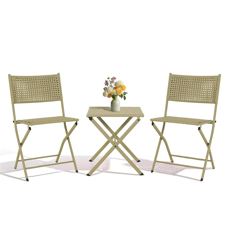 3-Piece Folding Patio Bistro Set, Wicker Rattan Outdoor Furniture Set with 2 Foldable Chairs and a Square Table, Compact Balcony Furniture for Porch, Backyard, Poolside (Deep Green)