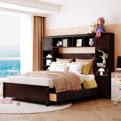 Lit double en bois avec armoire et tablette tout-en-un