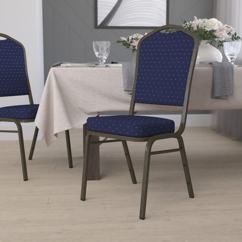 Chaise de banquet empilable Oliverson, Cadre noir, Tissu à motif de pois bleu marine, 4